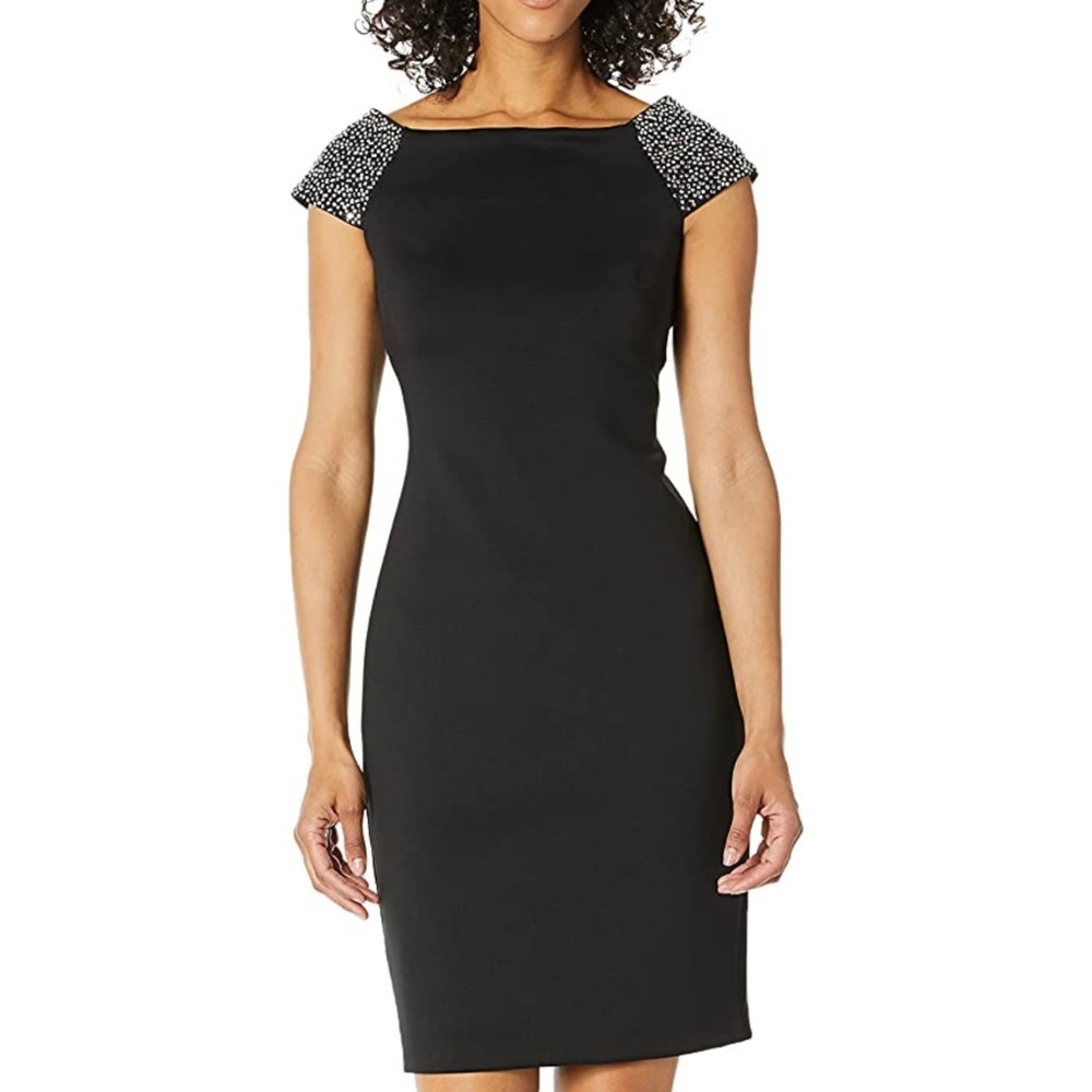 Calvin Klein Women's Off The Shoulder Sheath with Embellished Sleeves